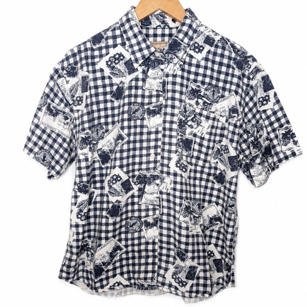 Vintage Woolrich Women's L 100% Cotton Gingham Postcard Print Button Up Shirt